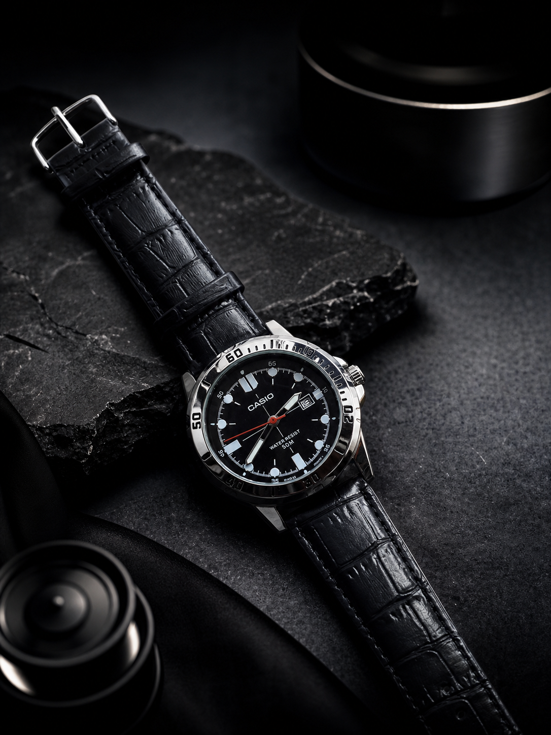 The Diver Elite — Casio MTP-VD01L | Silver Shield & Black leather